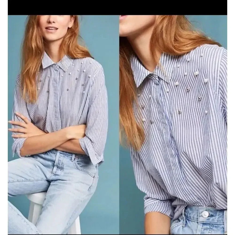 Rails Taylor Banker Stripe Button-Down Shirt With Pearl Details Size Small 1075